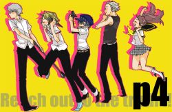 2girls 3boys atlus bad_id bad_pixiv_id golf_club hanamura_yousuke hat jumping kujikawa_rise multiple_boys multiple_girls narukami_yu persona persona_4 school_uniform serafuku shirogane_naoto socks tatsumi_kanji ten ten_(ch)
