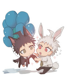 Rule 34 | + +, 2boys, :&lt;, ^^^, ahoge, animal ears, balloon, bare arms, black jacket, black necktie, black pants, black shoes, black suit, blazer, brown hair, chibi, closed mouth, collared shirt, danganronpa (series), danganronpa 2: goodbye despair, danganronpa 3 (anime), dot nose, dual persona, floating, flying sweatdrops, formal clothes, frown, green eyes, green necktie, heichiyo, hinata hajime, holding another&#039;s arm, hope&#039;s peak academy school uniform, jacket, kemonomimi mode, long sleeves, male focus, multiple boys, necktie, nervous, pants, rabbit boy, rabbit ears, rabbit tail, red eyes, school uniform, shadow, shirt, shoes, short hair, short sleeves, simple background, smile, sparkle, sparkling eyes, spiked hair, standing, suit, tail, v-shaped eyebrows, white background, white hair, white shirt, wolf boy