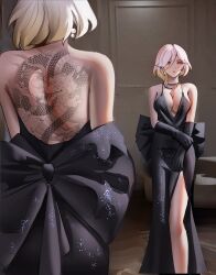 1girl absurdres back back_bow back_tattoo backless_dress backless_outfit bare_shoulders black_bow black_dress black_gloves blush bow breasts callista_(notgustiarp) cleavage commentary dragon dragon_tattoo dress dress_bow earrings eastern_dragon english_commentary evening_gown eyeshadow from_behind glitter glitter_dress gloves hair_between_eyes highres holding_own_arm jewelry large_breasts long_dress looking_at_viewer low_neckline makeup multiple_views necklace notgustiarp original parted_lips pearl_earrings pink_lips short_hair shoulder_blades side_slit sleeveless sleeveless_dress spaghetti_strap standing tattoo white_hair yellow_eyes