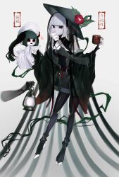 1girl black_eyes character_doll cup disembodied_hand eating fate/grand_order fate_(series) flower grey_hair hat hat_flower highres holding holding_cup holding_lantern jingasa komahime_(fate) lantern negima_(187rhrh) roasted_marshmallow sen_no_rikyu_(fate) shorts toeless_legwear