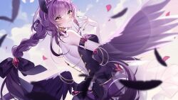 1girl absurdres backless_dress backless_outfit black_dress black_feathers black_nails black_wings breasts closed_mouth drawinggranny dress earrings falling_feathers falling_petals feathered_wings feathers heterochromia highres indie_virtual_youtuber jewelry kitsie_(vtuber) long_braid long_hair looking_at_viewer low_wings petals pink_petals purple_hair red_eyes solo virtual_youtuber wings yellow_eyes
