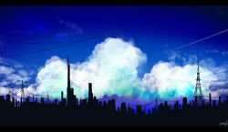 amatsuki_rei blue_sky building cityscape cloud commentary_request day highres lens_flare letterboxed no_humans original outdoors power_lines scenery signature silhouette sky skyscraper transmission_tower