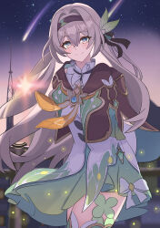1girl arms_behind_back black_hairband black_jacket blush breasts closed_mouth dress firefly_(honkai:_star_rail) green_dress green_thighhighs grey_hair hair_between_eyes hair_intakes hair_ornament hairband highres honkai:_star_rail honkai_(series) jacket long_hair looking_at_viewer medium_breasts neckerchief orange_neckerchief pink_eyes sky smile solo star_(sky) starry_sky takahiro_(pejx5542) thighhighs
