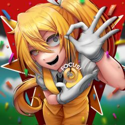 1girl @_@ akita_neru alternate_costume black_necktie blonde_hair blue_background cloud collared_shirt commentary confetti english_commentary fang gloves green_background hair_between_eyes hair_ribbon hands_up highres holding holding_pendulum jacket long_hair looking_at_viewer lubymaoo mesmerizer_(vocaloid) mismatched_pupils necktie open_mouth pants pendulum red_background ribbon shirt short_sleeves side_ponytail sleeveless sleeveless_jacket solo spanish_commentary teeth vocaloid white_gloves white_ribbon white_shirt wing_collar yellow_background yellow_eyes yellow_jacket yellow_pants