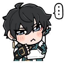 ... 1boy bkub black_gloves black_hair black_shirt blue_eyes blush_stickers chibi chibi_only closed_mouth dan_heng_(honkai:_star_rail) dan_heng_(hunt)_(honkai:_star_rail) earrings eyeliner fingerless_gloves frown gloves guest_art hair_between_eyes honkai:_star_rail honkai_(series) jacket jewelry makeup male_focus official_art red_eyeliner shirt short_hair simple_background solo speech_bubble spoken_ellipsis transparent_background white_jacket