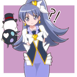 ! 10s 1girl ? arms_behind_back atair brooch crescent crescent_earrings cure_tender earrings female_focus hair_ornament happinesscharge_precure! hat heart heart_brooch heart_hair_ornament hikawa_maria jewelry long_hair magical_girl phanphan_(happinesscharge_precure!) phantom_(happinesscharge_precure!) ponytail precure purple_hair short_sleeves skirt smile solo spoilers top_hat