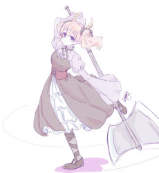 1girl absurdres axe black_bow black_dress black_shoes bow breasts brown_hair colored_shadow demon_horns double-sided_axe dress full_body grey_pantyhose hair_bow highres holding holding_axe horns juliet_sleeves linie_(sousou_no_frieren) long_sleeves pantyhose pleated_dress puffy_sleeves purple_shirt seila_rei shadow shirt shoes simple_background sleeves_past_fingers sleeves_past_wrists small_breasts solo sousou_no_frieren standing standing_on_one_leg twintails white_background wide_sleeves