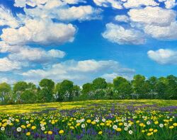 blue_sky cloud commentary dandelion day english_commentary field flower flower_field highres kate_avery new_york_state no_humans oil_painting_(medium) original outdoors painting_(medium) purple_flower real_world_location scenery sky traditional_media tree white_flower yellow_flower