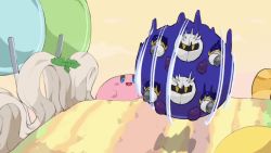 animated ball blue_skin blush_stickers candy colored_skin food gloves icing kirby kirby&#039;s_dream_buffet kirby_(series) lollipop looking_at_another male_focus mask meta_knight motion_lines nintendo no_humans pauldrons pink_skin re38433 rolling shoulder_armor sky smile sound tagme video yellow_eyes