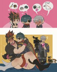 &gt;_&lt; ... 1other 3boys anton_ivanov bangboo_(zenless_zone_zero) bdsm black_gloves black_socks blush bondage bound closed_eyes closed_mouth collar commentary crossed_arms cuffs doodlefish english_commentary eous_(zenless_zone_zero) fang fang_out fingerless_gloves gloves green_hair highres jacket leather leather_jacket lighter_(zenless_zone_zero) male_focus multicolored_hair multiple_boys open_mouth red_scarf remote_control_vibrator scarf sex_toy socks spoken_character spoken_ellipsis spoken_object sunglasses tripod vibrator video_camera white_socks wise_(zenless_zone_zero) yaoi zenless_zone_zero