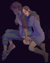 Rule 34 | 1boy, 1girl, artist name, black background, black scarf, blood, boots, brown boots, brown hair, closed eyes, closed mouth, commentary, covering own mouth, dress, english commentary, eyelashes, fingernails, hair bun, hand over own mouth, highres, hug, hug from behind, junpei (kyokugen dasshutsu), keycrash, kneehighs, kurashiki akane, kyokugen dasshutsu, kyokugen dasshutsu: 9 jikan 9 nin 9 no tobira, lips, long hair, long sleeves, open mouth, pants, plaid clothes, purple dress, scarf, shoes, short hair, simple background, single hair bun, single side bun, sitting, socks
