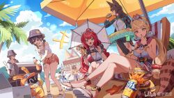 2boys 5girls ^_^ alice_thymefield alice_thymefield_(sea_of_thyme) animal_ear_fluff animal_ears bangboo_(zenless_zone_zero) beach belle_(summer_skies)_(zenless_zone_zero) belle_(zenless_zone_zero) bikini bikini_top_under_shirt bikini_under_clothes bikini_under_shorts black_hair black_wetsuit blonde_hair blue_hair blue_horns blue_oni blue_skin blue_sky blue_tail blue_wetsuit blunt_bangs blush bodysuit bottle braid braided_twintails breasts bucket_hat can cleavage closed_eyes closed_mouth cloud cloudy_sky colored_skin crop_top crossed_legs day diving_suit dog_boy drink_can eous_(zenless_zone_zero) eyewear_on_head fanta food fox_ears fox_girl green_eyes hair_between_eyes hair_between_horns hair_ornament hand_on_own_knee hat heart heart-shaped_eyewear heterochromia highres holding holding_bottle holding_can holding_umbrella horns hoshimi_miyabi hyny kama_(zenless_zone_zero) komano_manato leaning_forward letter_hair_ornament life_vest long_hair low_twintails multicolored_bodysuit multicolored_horns multiple_boys multiple_girls muscular muscular_male navel off-shoulder_shirt off_shoulder official_alternate_costume one-piece_swimsuit oni open_mouth orange_bikini orange_shorts outdoors pink_one-piece_swimsuit popsicle product_placement rabbit_ears rabbit_girl raccoon red_eyes red_hair sand sandals see-through_clothes see-through_shirt shirt short_hair short_twintails shorts sitting skin-covered_horns sky smile soda soda_bottle soda_can soukaku_(zenless_zone_zero) sphere_hair_ornament standing swimsuit tanuki tied_shirt toes twintails two-tone_horns two-tone_one-piece_swimsuit ukinami_yuzuha ukinami_yuzuha_(tanuki_in_broad_daylight) umbrella very_long_hair wetsuit white_hair white_one-piece_swimsuit white_shirt white_umbrella wise_(peaceful_waves)_(zenless_zone_zero) wise_(zenless_zone_zero) yellow_eyes zenless_zone_zero