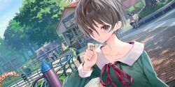 1other 2girls 5boys animal bench blue_reflection_(series) blue_reflection_sun blue_sky brick_road brown_hair building closed_mouth collarbone day dutch_angle elephant game_cg giraffe green_shirt hair_over_one_eye hand_up highres kishida_mel kuno_kirara looking_at_viewer messy_hair multiple_boys multiple_girls non-web_source official_art outdoors purple_eyes railing red_ribbon ribbon school_uniform shirt short_hair sky solo_focus tree upper_body zoo