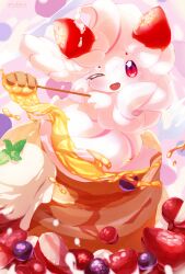 Rule 34 | 1girl, alcremie, alcremie (strawberry sweet), alcremie (vanilla cream), commentary request, dewlap, food, fruit, garnish, gen 8 pokemon, highres, honey, honey dipper, ice cream, looking at viewer, mini person, minigirl, nintendo, one eye closed, pancake, pokemon, pokemon (creature), pokemon focus, red eyes, smile, solo, souffle pancake, strawberry, tsukkon