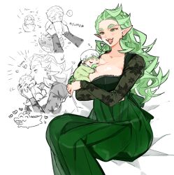 1boy 1girl 2021 aged_down baby blush breast_smother breasts carrying carrying_person cleavage closed_eyes collarbone commentary crocodile crocodilian dress english_commentary face_to_breasts feet_out_of_frame floral_print giving_birth green_dress green_hair green_hakama green_lips green_nails hakama hat hatching heart japanese_clothes juliet_sleeves kissing_cheek large_breasts long_sleeves looking_at_another messy_hair monochrome mother_and_son nightcap nose_blush open_mouth pacifier pajamas parted_bangs pointy_ears puffy_sleeves sebek&#039;s_mother sebek_zigvolt see-through_clothes see-through_sleeves sharp_teeth short_hair sitting spot_color tareme teeth tribute_(tributism) twisted_wonderland