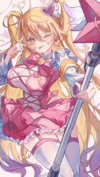 1girl ;p armband blonde_hair breasts don_quixote_(project_moon) e.g.o_(project_moon) garter_straps highres holding holding_staff large_breasts limbus_company lobotomy_corporation_(identity)_(project_moon) long_hair long_sleeves multicolored_nails nail_polish one_eye_closed pink_nails pink_skirt pink_vest project_moon signature skirt solo sparkling_eyes staff thighhighs tongue tongue_out two_side_up v vest white_sleeves white_thighhighs yellow_armband yellow_eyes yellow_nails yena_s