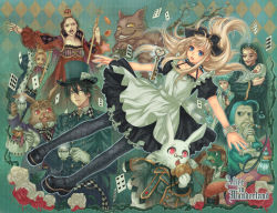 2boys 4girls alice_(alice_in_wonderland) alice&#039;s_adventures_in_wonderland apron baby blue_eyes card cat caterpillar caterpillar_(alice_in_wonderland) cheshire_cat_(alice_in_wonderland) cookie crown cuffs dormouse_(wonderland) dress floating_card fishnet_pantyhose fishnets floating_card flower food goth_fashion hat hatake_michi hookah key king mad_hatter_(alice_in_wonderland) march_hare_(wonderland) multiple_boys multiple_girls mushroom pantyhose patterned_legwear pocket_watch queen_of_hearts_(alice_in_wonderland) rabbit resolution_mismatch rose source_larger tea watch white_rabbit_(alice_in_wonderland)