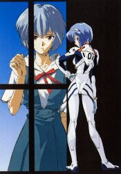 1990s_(style) 1girl ayanami_rei back blue_hair hand_on_own_hip looking_at_viewer looking_back mecha_pilot_suit neon_genesis_evangelion non-web_source official_art plugsuit_(evangelion) red_eyes retro_artstyle school_uniform short_hair solo standing