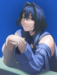 Rule 34 | 1girl, asymmetrical sleeves, avrgandordinary, black hair, blue background, blue eyes, blue jacket, blue necktie, blue sleeves, closed mouth, hair intakes, highres, hololive, hololive english, jacket, medium hair, mismatched sleeves, necktie, ouro kronii, ouro kronii (4th costume), smile, solo, virtual youtuber, white sleeves, wolf cut