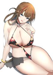 +_+ 1girl aantapl0izzv1rh absurdres black_slingshot_swimsuit blue_eyes bracelet breasts brown_hair chinese_knot cleavage commentary commission day earrings floral_print_one-piece_swimsuit flower-shaped_pupils gold_bracelet hair_ornament hair_rings hairpin highres huge_breasts jewelry light_blush long_hair looking_at_viewer mismatched_earrings multicolored_hair multiple_hairpins navel o-ring o-ring_swimsuit one-piece_swimsuit open_mouth pink_pupils pixiv_commission red_streaks senran_kagura senran_kagura_new_link sitting slingshot_swimsuit smile solo streaked_hair swimsuit symbol-shaped_pupils toki_(senran_kagura) white_background