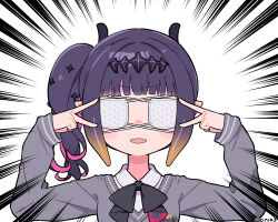 1girl black_ribbon blunt_bangs cardigan collared_shirt covered_eyes double_eyepatch double_v emphasis_lines eyepatch grey_cardigan hair_ornament hashtag-only_commentary high_side_ponytail highres hololive hololive_english honmirin light_blush medical_eyepatch neck_ribbon ninomae_ina&#039;nis ninomae_ina&#039;nis_(school_uniform) open_mouth portrait purple_hair ribbon shirt sidelocks solo takodachi_(ninomae_ina&#039;nis) v v-neck v_over_eye virtual_youtuber white_shirt