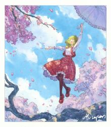 1girl absurdres arm_up ascot black_pantyhose blue_sky border cherry_blossoms closed_eyes cloud commentary_request day falling_petals full_body green_hair highres holding holding_umbrella kazami_yuuka long_sleeves mary_janes miso_pan open_mouth outdoors outstretched_arm painting_(medium) pantyhose petals plaid_clothes plaid_skirt plaid_vest red_shoes red_skirt red_vest shirt shoes short_hair signature skirt sky solo touhou traditional_media tree umbrella vest watercolor_(medium) white_border white_shirt yellow_ascot