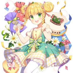 1girl birthday_cake blonde_hair box braid cake double_bun dress flower food gift gift_box gold_tiara green_dress green_eyes hair_bun open_mouth pantyhose salt_(salty) sapphire_emerald twin_braids twintails uchi_no_hime-sama_ga_ichiban_kawaii white_pantyhose