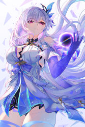 Rule 34 | 1girl, bare shoulders, breasts, commentary request, cowboy shot, dress, floating hair, genshin impact, grey hair, hair ornament, hand up, highres, large breasts, long hair, looking at viewer, maron star, pink eyes, revision, short sleeves, simple background, skirk (genshin impact), solo, standing, thighs, very long hair, white background, white dress