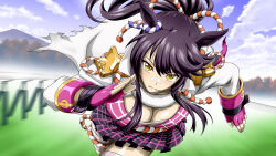 Rule 34 | 1girl, animal ears, bandaid, bandaid on face, bandaid on nose, black hair, breasts, cleavage, coat, fingerless gloves, gloves, hair between eyes, highres, horse ears, horse girl, kitsutsuki (dzgu4744), large breasts, long hair, long sleeves, looking at viewer, motion blur, mouth hold, narita brian (umamusume), plaid clothes, plaid skirt, pleated skirt, ponytail, purple gloves, purple skirt, running, skirt, solo, stalk in mouth, textless version, umamusume, variant set, white coat, yellow eyes