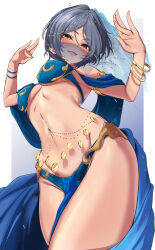 1girl absurdres bare_shoulders bikini blue_bikini blue_hair blue_scarf blush bracelet breasts earrings gold_trim groin hair_ornament hayami_kanade highres idolmaster idolmaster_cinderella_girls jewelry looking_at_viewer medium_breasts morino_shoutarou navel open_mouth parted_bangs pelvic_curtain scarf see-through_clothes see-through_veil short_hair swimsuit thighs veil yellow_eyes