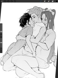 3girls art_tools_in_frame bbbone923 blush crop_top dutch_braided_ponytail girl_sandwich greyscale group_hug highres hug imminent_kiss kpop_demon_hunters mira_(kpop_demon_hunters) monochrome multiple_girls pants polygamy rumi_(kpop_demon_hunters) sandwiched sweatpants thighs twintails yuri zoey_(kpop_demon_hunters)