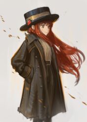 1girl absurdres alternate_costume belt belt_buckle black_belt black_coat black_hat black_pants boater_hat buckle buttons celeste_(video_game) check_clothing closed_mouth clothing_request coat commentary feet_out_of_frame food from_side fruit hand_in_pocket hat hat_ornament hat_ribbon highres long_hair long_sleeves madeline_(celeste) making-of_available orange_eyes orange_hair pants ribbon shadches72 shirt solo strawberry white_background white_shirt wind yellow_ribbon