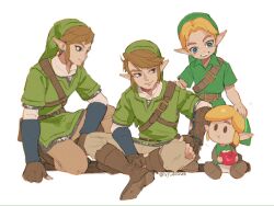 4boys apple belt blonde_hair boots brown_belt brown_boots brown_gloves brown_hair brown_pants copyright_request earrings eating fingerless_gloves food fruit gloves green_shirt grin highres holding holding_food ivy_(sena0119) jewelry layered_sleeves link long_sleeves male_focus multiple_boys multiple_persona nintendo pants pink_eyes pointy_ears shirt short_over_long_sleeves short_sleeves simple_background smile teeth the_legend_of_zelda the_legend_of_zelda:_ocarina_of_time white_background