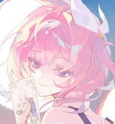 1girl bare_shoulders blue_eyes card coat cyrene_(honkai:_star_rail) from_side hair_ornament hashtag-only_commentary highres holding holding_card honkai:_star_rail honkai_(series) medium_hair phainon_(honkai:_star_rail) pink_hair pink_pupils portrait purple_coat shiita34 smile solo tarot tarot_card two-tone_background