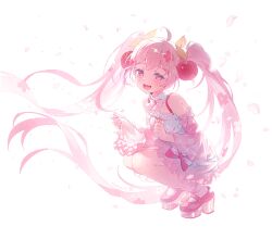1girl :d ahoge bare_shoulders bow bowtie cherry_blossoms cherry_hair_ornament commentary detached_sleeves dress falling_petals floating_hair flower food-themed_hair_ornament full_body gradient_clothes gradient_dress hair_flower hair_ornament hatsune_miku highres long_hair looking_at_viewer nyan5000 open_mouth petals pink_bow pink_bowtie pink_dress pink_eyes pink_hair pink_shoes pink_sleeves sakura_miku see-through_clothes see-through_sleeves shoes skirt_hold sleeve_bow sleeveless sleeveless_dress smile socks solo squatting symbol-only_commentary twintails two-tone_dress very_long_hair vocaloid white_background white_dress white_socks wide_sleeves