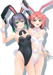 animal_ear_hairband animal_ears black_bow black_bowtie black_hair black_leotard bow bowtie breasts detached_collar fake_animal_ears gradient_hair green_eyes green_hair hair_ornament hairband hairclip highleg highleg_leotard jou_(circlemay) leotard love_live! love_live!_nijigasaki_high_school_idol_club medium_breasts multicolored_hair playboy_bunny rabbit_ears rabbit_tail red_eyes smile strapless strapless_leotard tail takasaki_yu twintails uehara_ayumu white_bow white_bowtie white_leotard wrist_cuffs yellow_eyes