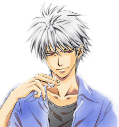 1boy akagi akagi:_yami_ni_oritatta_tensai akagi_shigeru fukumoto_mahjong holding holding_mahjong_tile mahjong_tile male_focus red_eyes silver_hair simple_background smile solo white_background