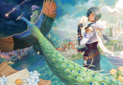 1boy aircraft airship antenna_hair aqua_background arm_belt artist_name belt bird blue_background blue_eyes blue_flower blue_hair blue_sky brown_belt cape castle cherry_blossoms cloud cloudy_sky commentary commentary_request dandelion dark-skinned_male dark_blue_hair dark_skin day driftwoodwolf earrings english_commentary eyepatch feet_out_of_frame fingerless_gloves flower from_behind fur-trimmed_cape fur_trim genshin_impact glaze_lily gloves grey_gloves grey_hair grey_pants grin hair_over_shoulder holding holding_flower holding_letter house in-universe_location jewelry kaeya_(genshin_impact) letter long_hair looking_at_viewer looking_back map mixed-language_commentary mountain mountainous_horizon multicolored_background multicolored_hair one_eye_covered pants parted_lips peacock ponytail shirt shooting_star sky smile solo sparkle standing star_(sky) starry_sky streaked_hair sunlight teeth tree two-tone_hair vision_(genshin_impact) wall watermark white_cape white_shirt yellow_flower