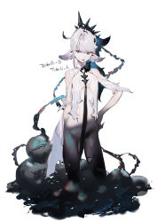 ambiguous_gender animal_ears breasts closed_mouth cthulhu_mythos eldritch_abomination full_body hair_ornament hand_on_own_hip highres kureta_(nikogori) melting monster_girl shoggoth short_hair simple_background slime_(substance) small_breasts solo standing white_background white_hair