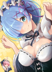 2girls blue_eyes blue_hair blue_ribbon breasts cleavage detached_sleeves female_focus frilled_sleeves frills fujitaka_nasu hair_ornament hair_over_one_eye hair_ribbon highres maid maid_headdress matching_hair/eyes medium_breasts multiple_girls pink_eyes pink_hair pink_ribbon purple_ribbon ram_(re:zero) re:zero_kara_hajimeru_isekai_seikatsu red_ribbon rem_(re:zero) ribbon ribbon-trimmed_clothes ribbon_trim roswaal_mansion_maid_uniform short_hair siblings sisters twins x_hair_ornament