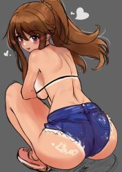 1girl ass back bare_shoulders blue_shorts blush breasts brown_hair c_(theta) cutoffs denim denim_shorts from_behind grey_background greyscale heart highres idolmaster idolmaster_million_live! large_breasts looking_at_viewer looking_back median_furrow micro_shorts monochrome no_ahoge ponytail purple_eyes shorts shoulder_blades sideboob signature simple_background smile solo squatting swept_bangs tan tanline tokoro_megumi