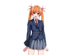 1girl blazer brown_eyes clenched_hands game_cg gentle_sasaki grey_skirt hair_ribbon jacket large_variant_set long_hair long_sleeves looking_at_viewer necktie non-web_source official_art open_mouth orange_hair pleated_skirt red_necktie ribbon school_uniform shindou_hikari skirt solo soukou_senki_prism_reica soukou_senki_prism_shine transparent_background twintails variant_set