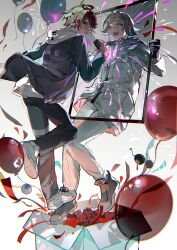 Rule 34 | 2boys, :d, ^ ^, absurdres, ahoge, aotsuki eito, balloon, black gloves, black pants, black shoes, black streaks, blue eyes, blue jacket, box, breast pocket, broken glass, chinese commentary, closed eyes, eyeball, facing another, glass, glasses, gloves, gradient background, grey background, grey hair, grey jacket, heart, highres, holding, holding knife, hood, hoodie, jacket, jacket over hoodie, knife, male focus, multicolored hair, multicolored jacket, multiple boys, open mouth, pants, pocket, red hair, ribbon, shoes, short hair, shuiyemusan, smile, spoilers, stab, streaked hair, sumino takumi, sunglasses, sweat, teeth, the hundred line -last defense academy-, two-tone jacket, upper teeth only, variant set, white background, white hoodie, white jacket, white pants, white shoes