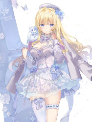 Rule 34 | 1girl, blonde hair, blue eyes, blue flower, blunt bangs, breasts, cleavage, dedeko, floating hair, flower, grey hat, grey jacket, grey shirt, hair flower, hair ornament, hat, highres, jacket, jacket on shoulders, layered skirt, long hair, long sleeves, looking at viewer, medium breasts, miniskirt, original, parted lips, pleated skirt, shirt, single thighhigh, skirt, solo, standing, thigh strap, thighhighs, underbust, very long hair, white skirt, white thighhighs