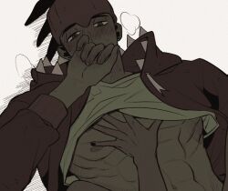 1boy 1girl 3737_37 abs blush commentary_request earrings hand_on_another&#039;s_chest headband heavy_breathing hood hoodie jewelry korean_commentary lying nessa_(pokemon) nintendo on_back out_of_frame pokemon pokemon_swsh raihan_(pokemon) upper_body
