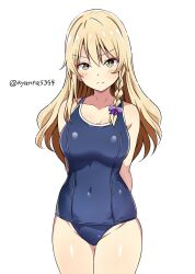 1girl arms_behind_back blonde_hair blue_one-piece_swimsuit blush bow braid breasts collarbone competition_swimsuit covered_navel cowboy_shot embarrassed hair_between_eyes hair_bow hat highres kirisame_marisa kyanta5354 long_hair looking_at_viewer medium_breasts old_school_swimsuit one-piece_swimsuit school_swimsuit solo swimsuit touhou twitter_username white_background yellow_eyes