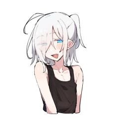 Rule 34 | 1girl, ahoge, azuma shino, black tank top, blue eyes, blush, collarbone, commentary, fang, flat chest, hair over one eye, nowareno (azuma shino), open mouth, original, pointy ears, short hair, tank top, white background, white hair