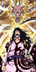 1boy black_eyes black_hair clenched_hand dragon highres holding holding_sword holding_weapon japanese_clothes katana kouzuki_momonosuke long_hair looking_at_viewer moon_(symbol) one_piece open_mouth solo suushiaf sword teeth weapon