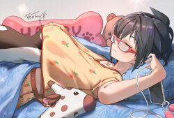 Rule 34 | 1girl, black hair, blanket, bosstseng, cable, carrot print, cat, cellphone, chinese commentary, closed eyes, commentary request, egg vibrator, food print, glasses, head under another&#039;s clothes, lying, on back, original, pajamas, phone, pillow, red-framed eyewear, remote control vibrator, sex toy, signature, sleeping, smartphone, under another&#039;s clothes, vibrator