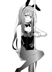 1boy absurdres animal_ear_hairband animal_ears arm_at_side blunt_bangs blush bow bowtie breasts cleavage clenched_teeth detached_collar double-parted_bangs fake_animal_ears fake_tail foot_out_of_frame glaring greyscale hair_ornament hairband hairclip high_heels highleg highleg_leotard highres holding holding_pole jako_(jakoo21) leg_up leotard long_hair looking_at_viewer monochrome official_art pantyhose playboy_bunny pole rabbit_ear_hairband rabbit_ears rabbit_tail sidelocks simple_background sleeve_cuffs small_breasts solo strapless strapless_leotard stripper_pole sweatdrop tail teeth v-shaped_eyebrows watashi_no_hatsukoi_wa_hazukashisugite_dare_ni_mo_ienai white_background yasumi_kaede